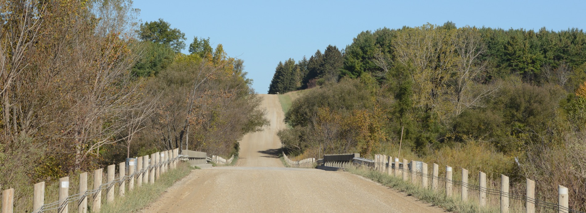gravel road with green trees on either side. View of the road from a distance looking forward. Wooden guard rails along part of the road