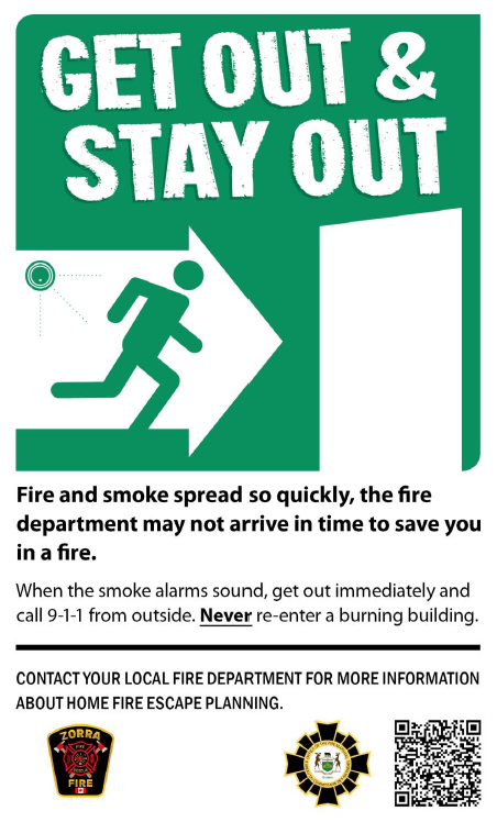 Get out & Stay Out! Fire and smoke spread quickly, the fire department may not arrive in time to save you in a fire. When the smoke alarms sound, get out immediately and call 9-1-1 from outside. NEVER re-enter a burning building.