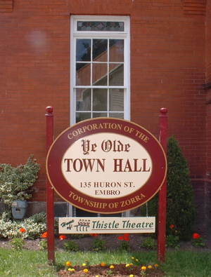 Embro old town hall view from the front with sign - The Olde Town Hall
