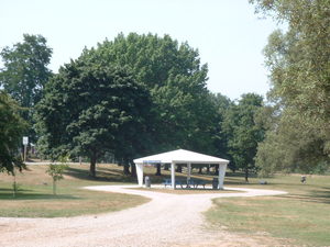 green grass park with trees surround it, small gazebo in centre of lawn