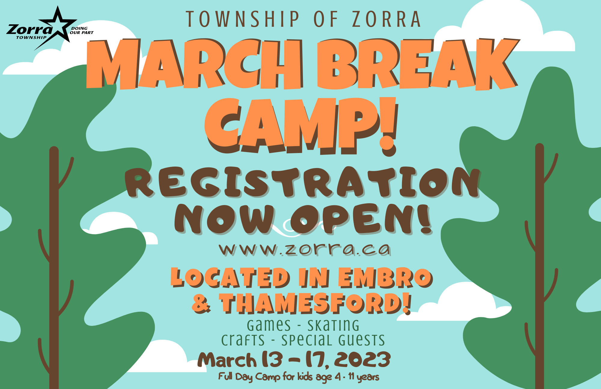 Summer camp flyer - for an accessible version, please contact the Township of Zorra at 519-485-2490
